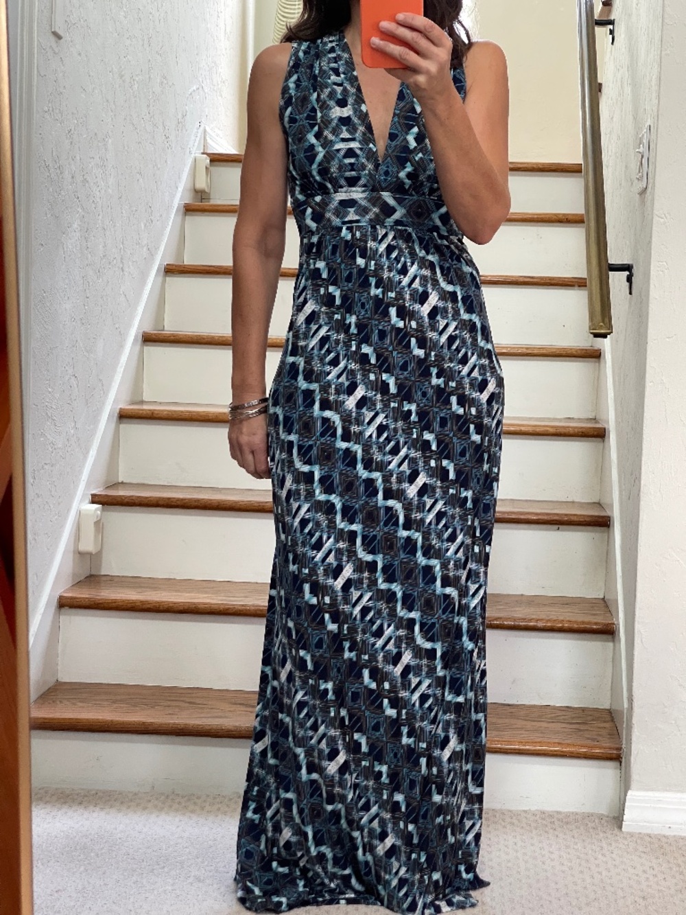 Veronica M blue and brown abstract print long summer dress women XS